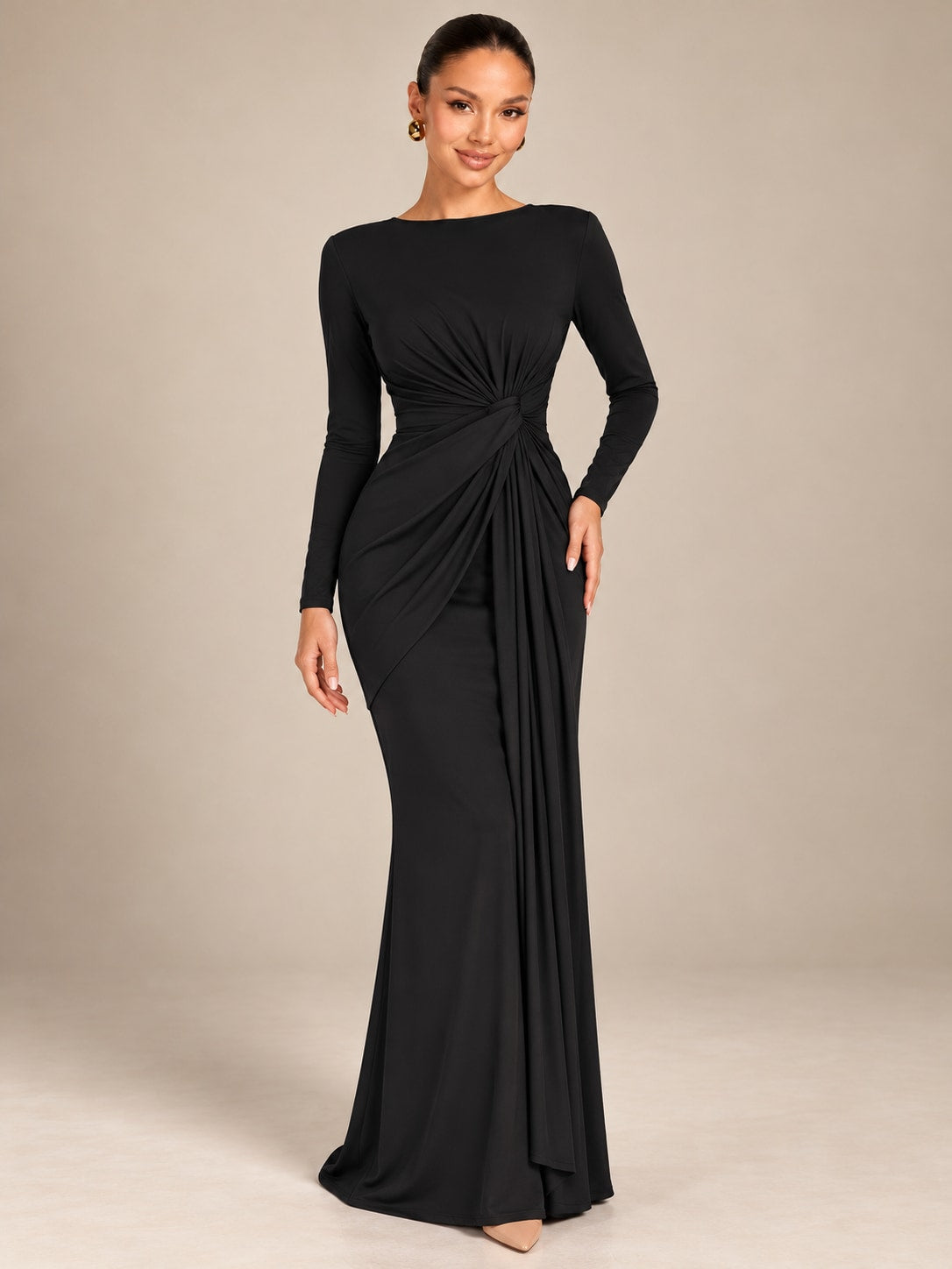 Black Long Sleeve Ruched Maxi Dress for Formal