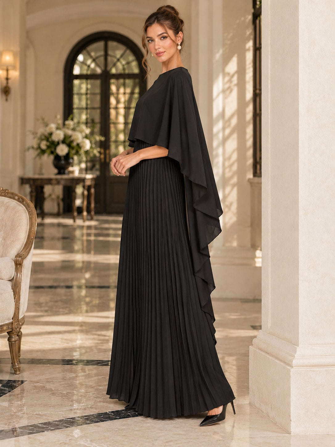 Black Pleated Cape Sleeve Maxi Dress for Weddings & Gala