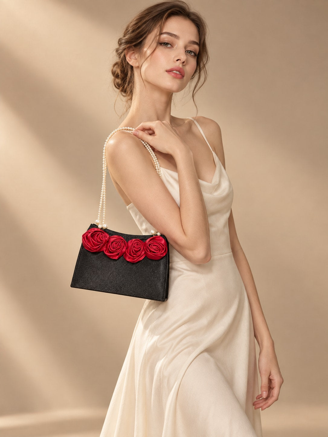 Black Elegant Pearl Handle Satin Rose Evening Clutch