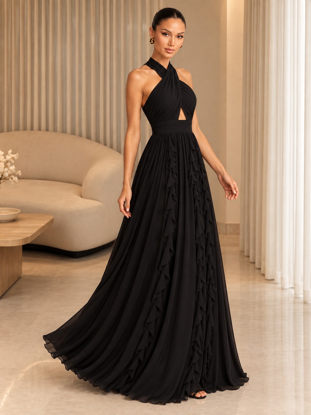 Black Halter Ruffle Maxi Dress for Wedding & Formal