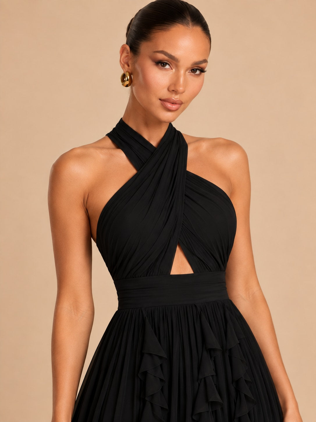 Black Halter Ruffle Maxi Dress for Wedding & Formal
