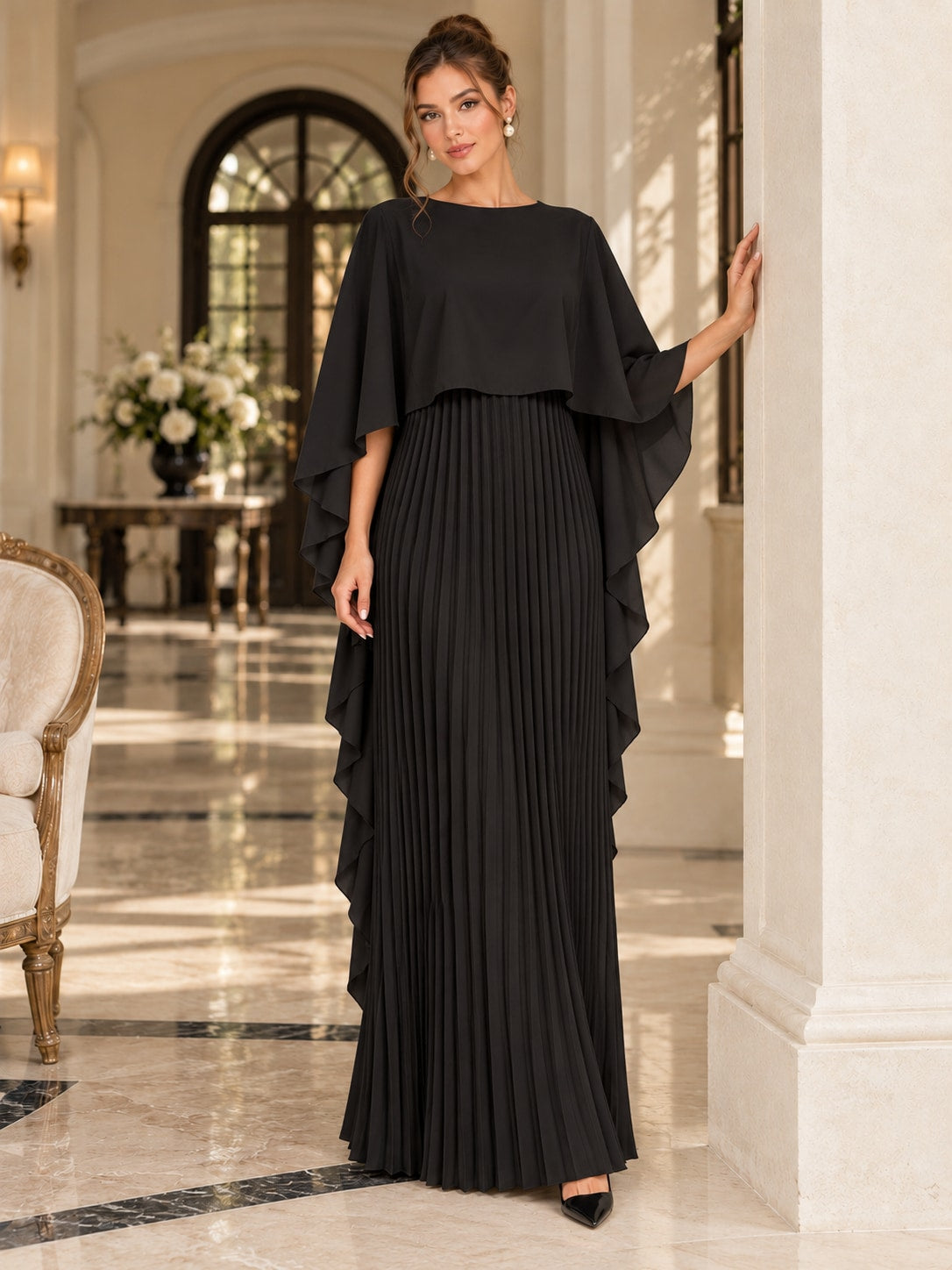 Black Pleated Cape Sleeve Maxi Dress for Weddings & Gala