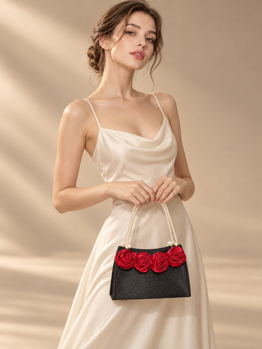 Black Elegant Pearl Handle Satin Rose Evening Clutch