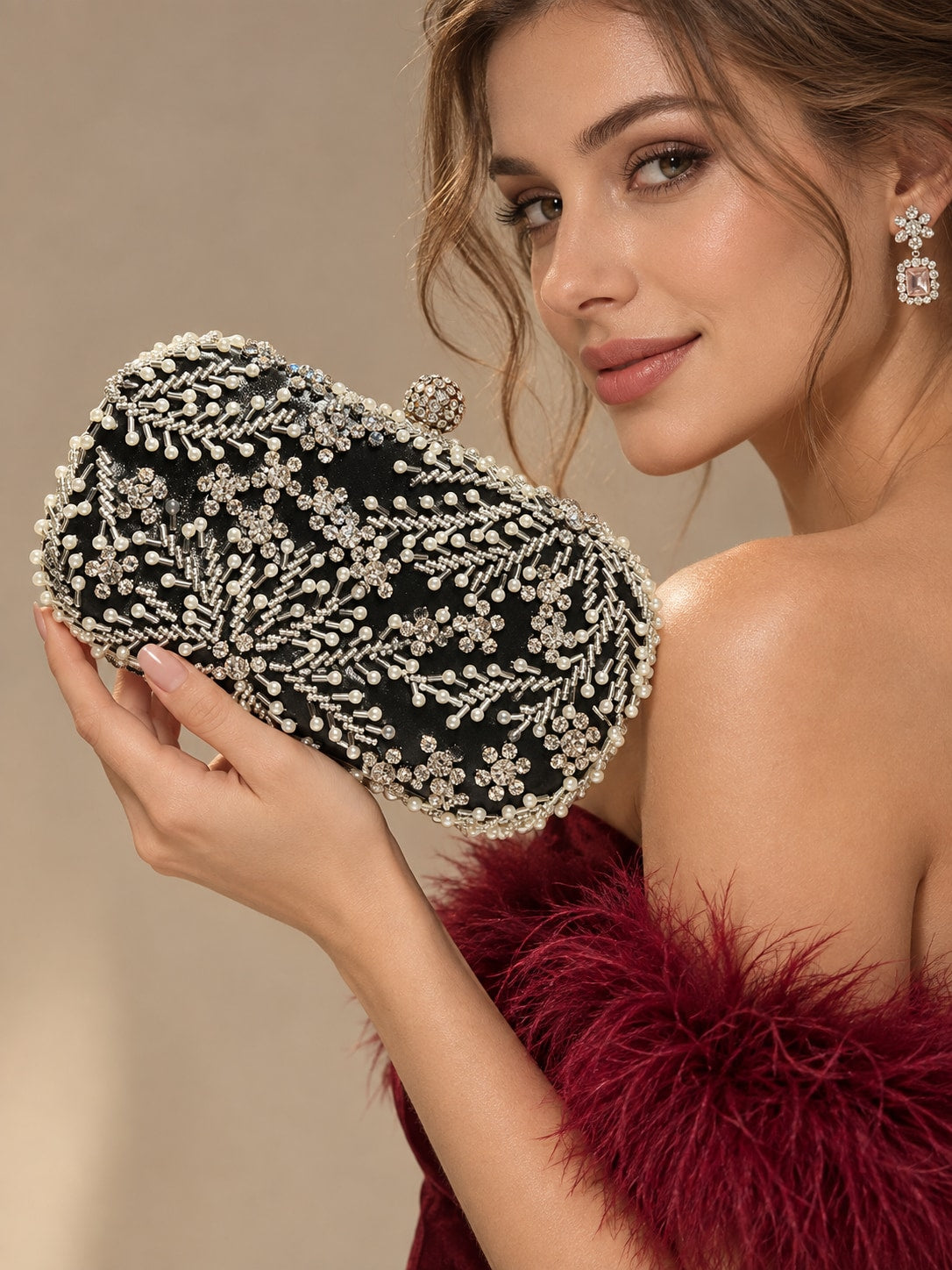 Black Elegant Pearl & Rhinestone Beaded Evening Clutch