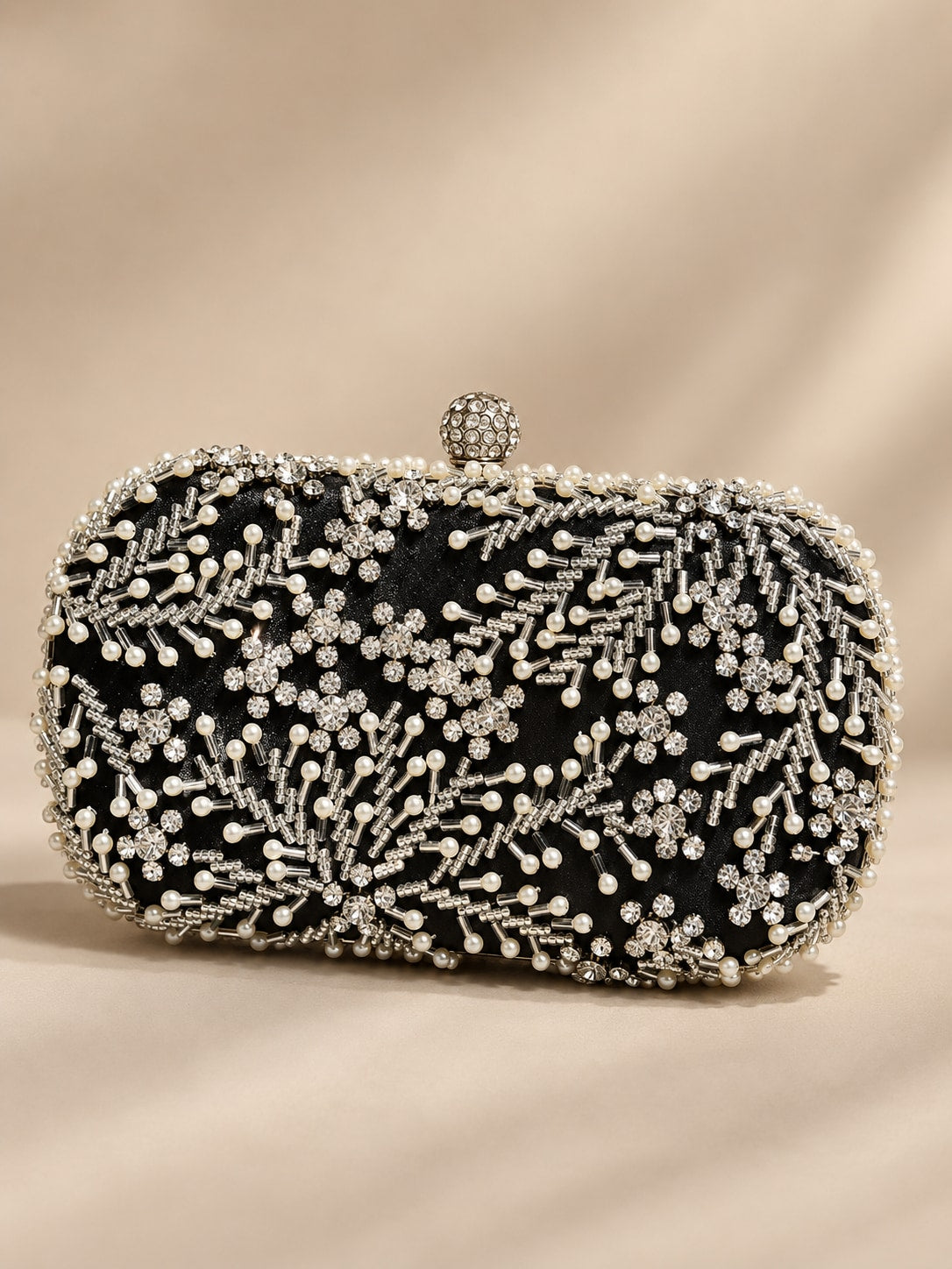 Black Elegant Pearl & Rhinestone Beaded Evening Clutch