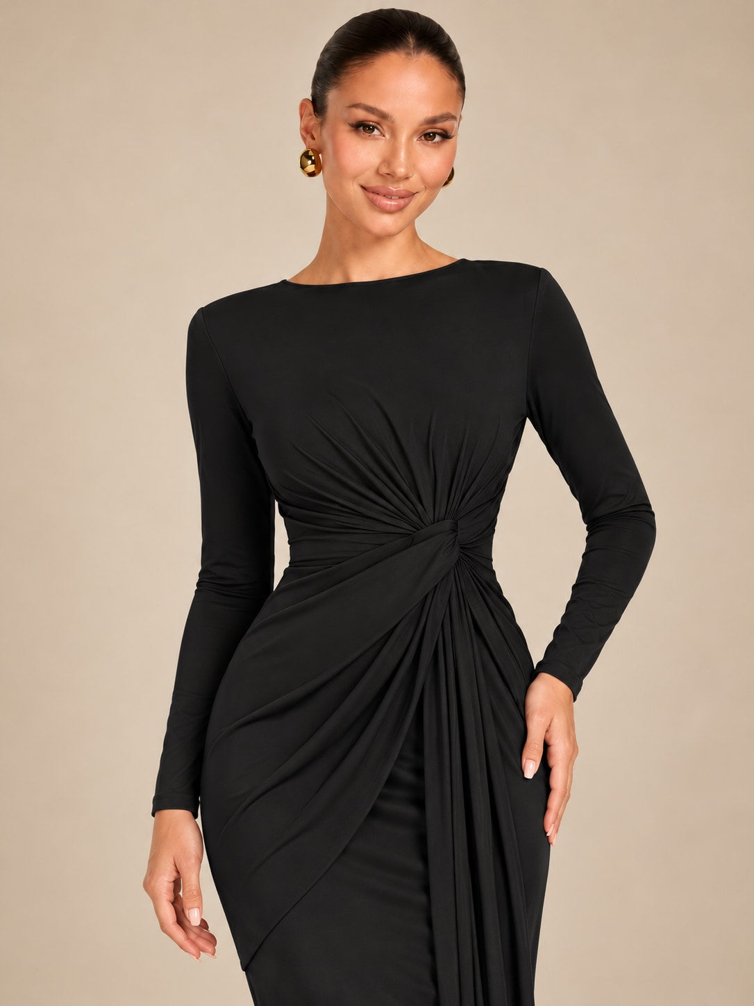 Black Long Sleeve Ruched Maxi Dress for Formal