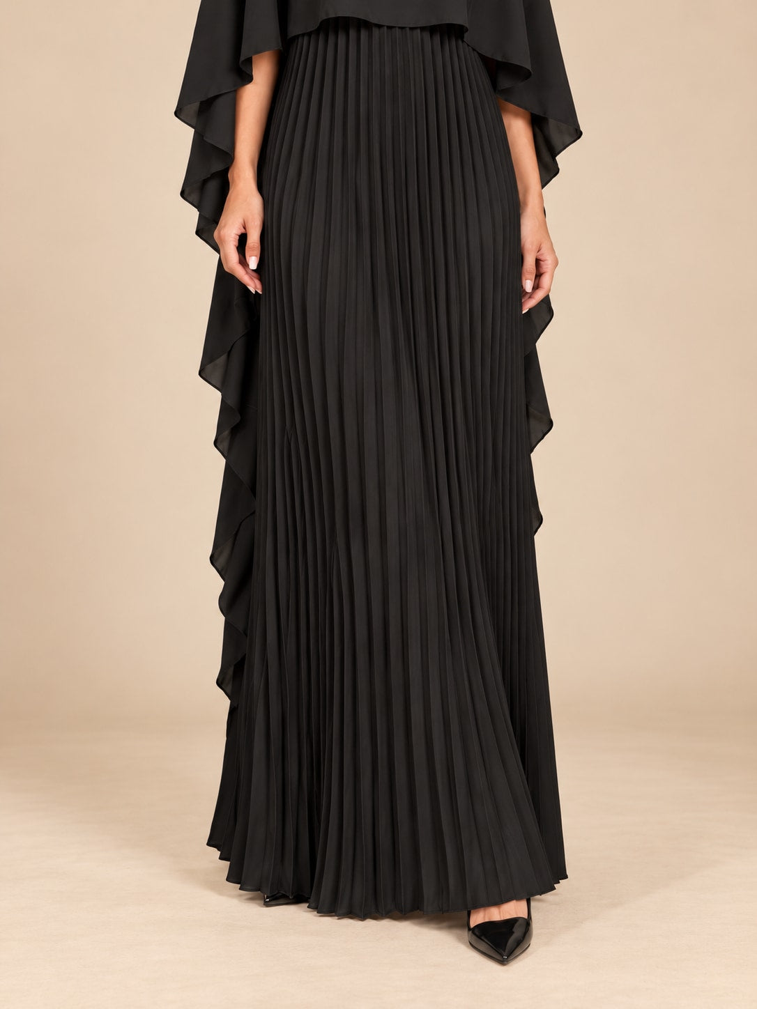 Black Pleated Cape Sleeve Maxi Dress for Weddings & Gala