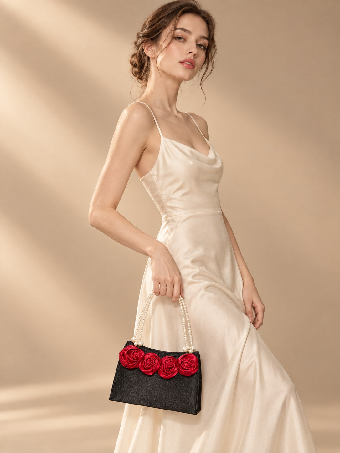 Black Elegant Pearl Handle Satin Rose Evening Clutch