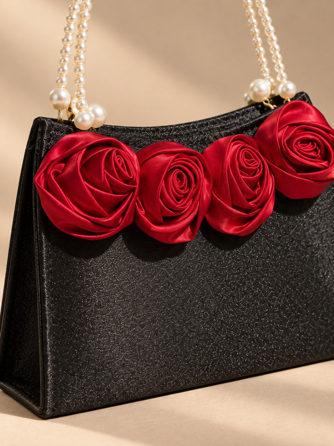 Black Elegant Pearl Handle Satin Rose Evening Clutch