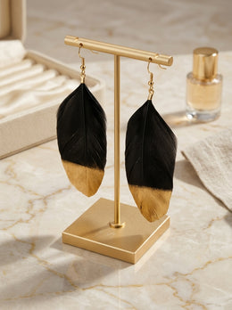 KoKodress Bohemian Black & Gold-Tip Feather Drop Earrings Cocktail