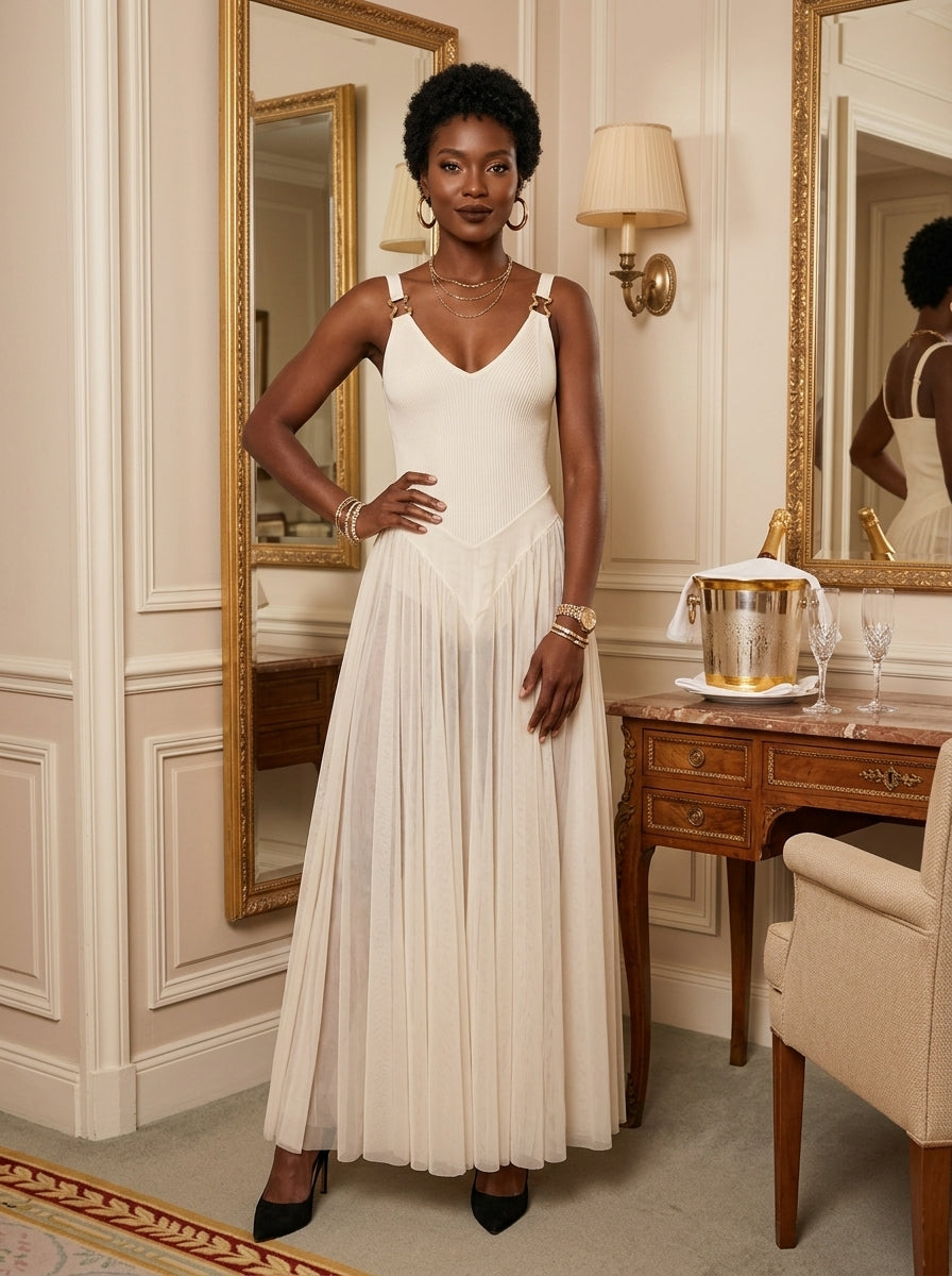 Kokodress Ivory Pleated Tulle Maxi Dress with Gold Hardware for Formal Occasions