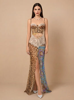 KoKodress Mixed Print Leopard Lace Corset Maxi Dress with Slit for Party