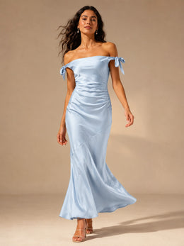 KoKodress Off-Shoulder Bow Detail Ruched Maxi Dress for Wedding Guest