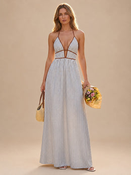 KoKodress Striped Halter Plunge V-Neck Strappy Maxi Dress for Vacation