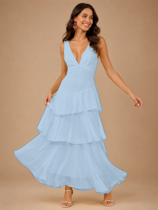 Blue V-Neck Spaghetti Strap Ruffle Maxi Dress for Wedding Guest