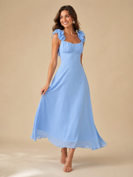 KoKodress Ruffle Strap Ruched A-Line Midi Dress for Wedding Guest