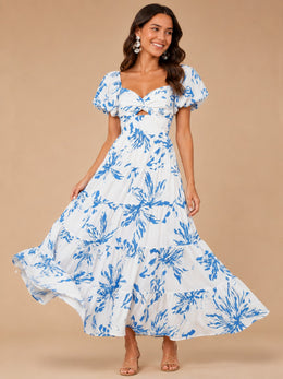 KoKodress Floral Puff Sleeve Twist Front Maxi Dress for Vacation