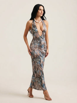 KoKodress Tropical Halter Plunge V-Neck Maxi Dress for Vacation