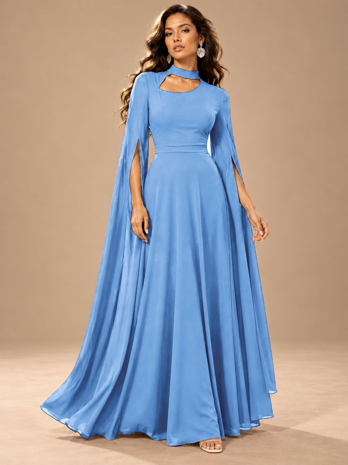 Blue Cape Sleeve Cutout Maxi Dress for Formal Parties