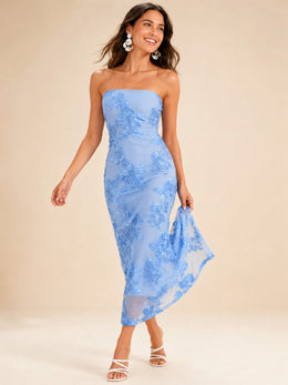 KoKodress Strapless Floral Sequin Midi Dress for Wedding Guest