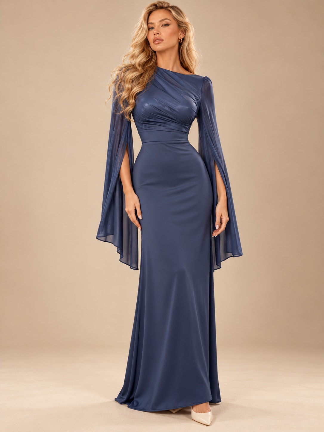 Blue Satin Cape Sleeve Maxi Dress for Weddings & Gala