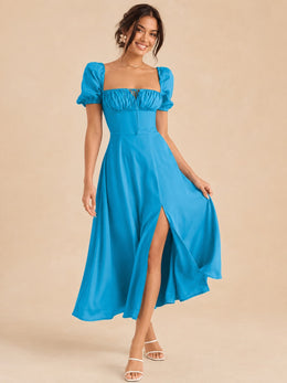 KoKodress Puff Sleeve Ruched Midi Dress with Slit for Wedding Guest