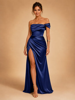 KoKodress Satin Off-Shoulder Ruched Maxi Dress with Slit for Formal