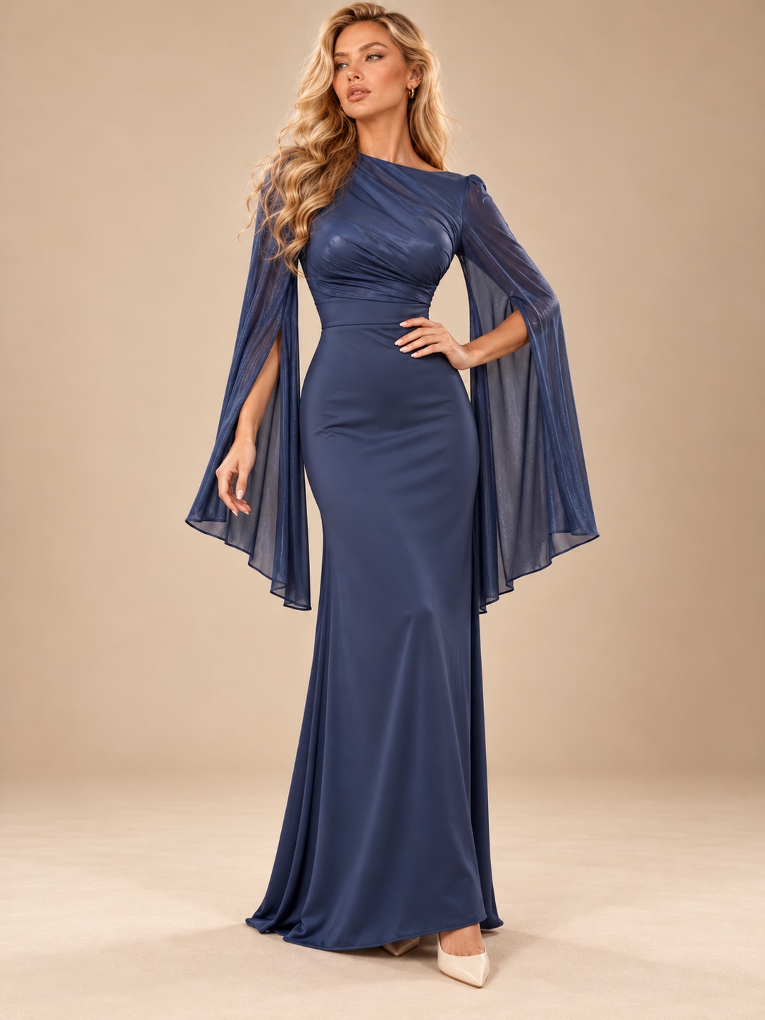 Blue Satin Cape Sleeve Maxi Dress for Weddings & Gala