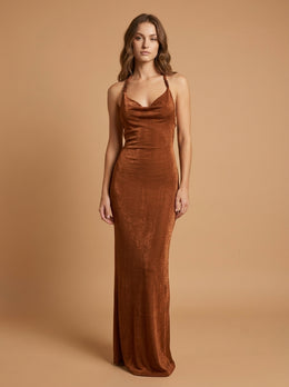 KoKodress Rust Brown Velvet Halter Cowl Neck Maxi Dress for Formal Events