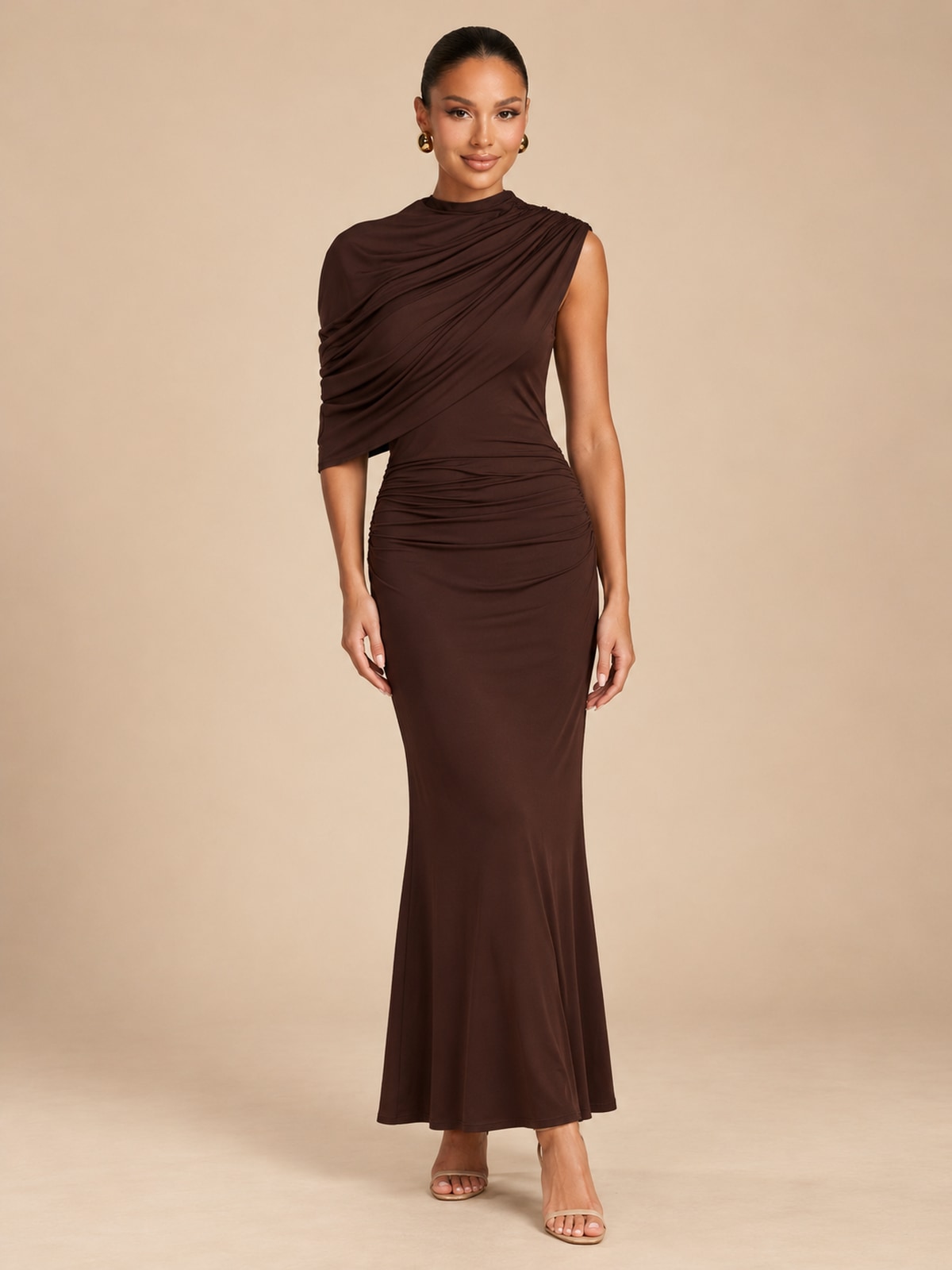 Brown One-Shoulder Ruched Maxi Dress for Evening & Party