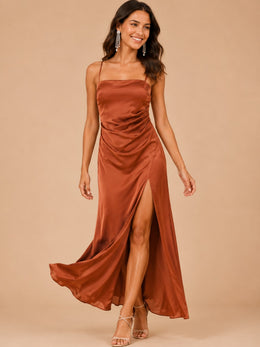 KoKodress Satin Spaghetti Strap Maxi Dress with Slit for Wedding Guest