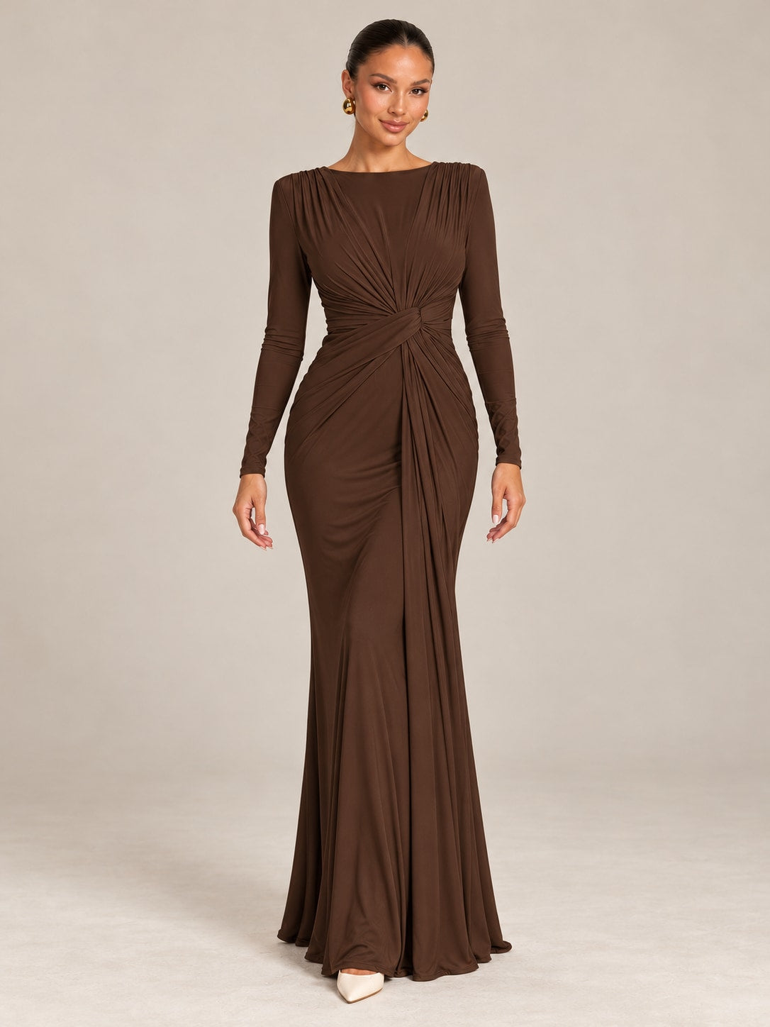 Brown Long Sleeve Ruched Maxi Dress for Formal