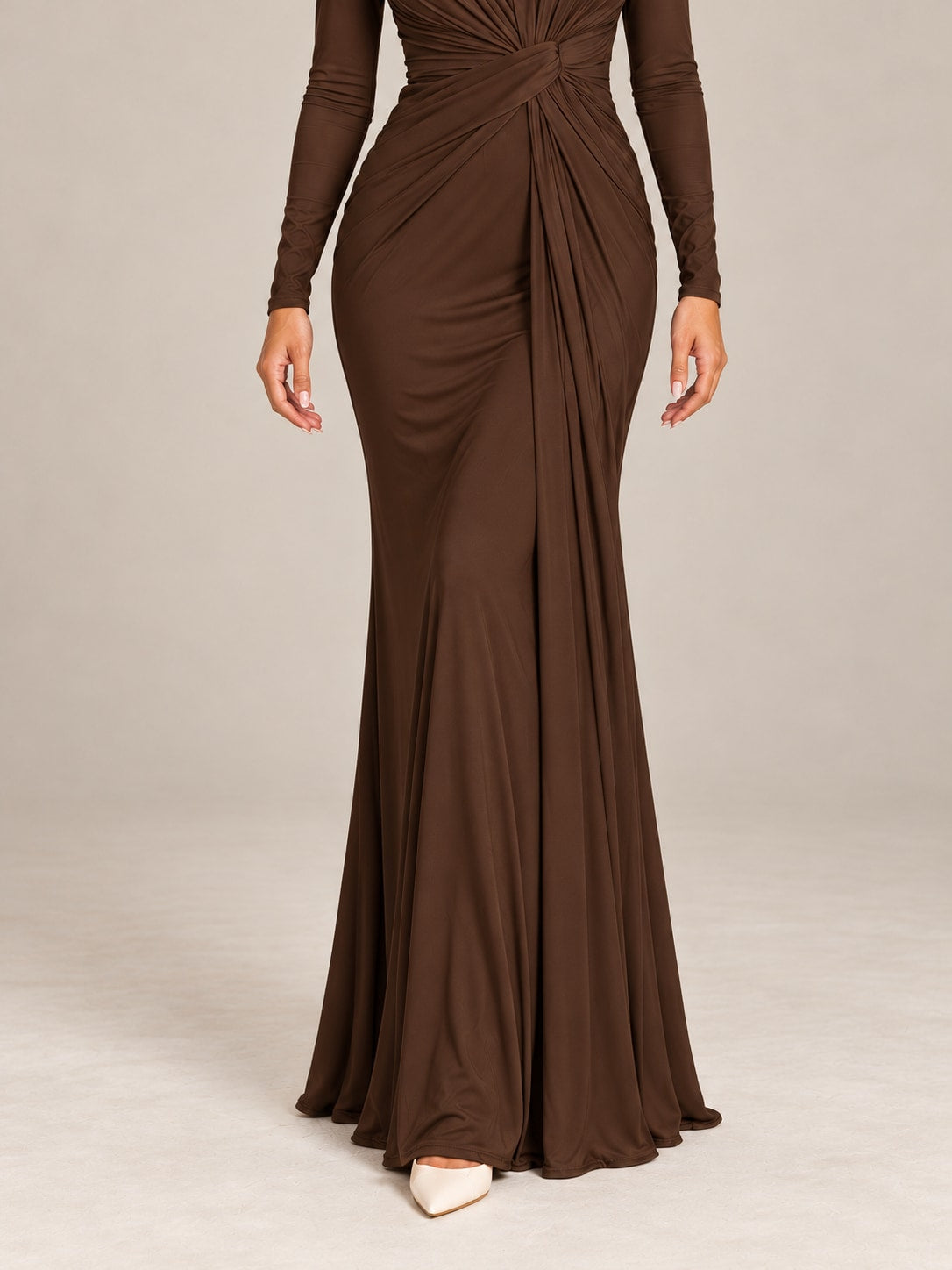 Brown Long Sleeve Ruched Maxi Dress for Formal