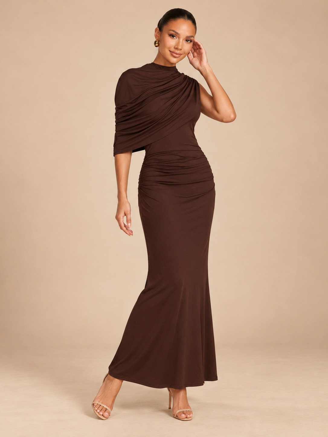 Brown One-Shoulder Ruched Maxi Dress for Evening & Party
