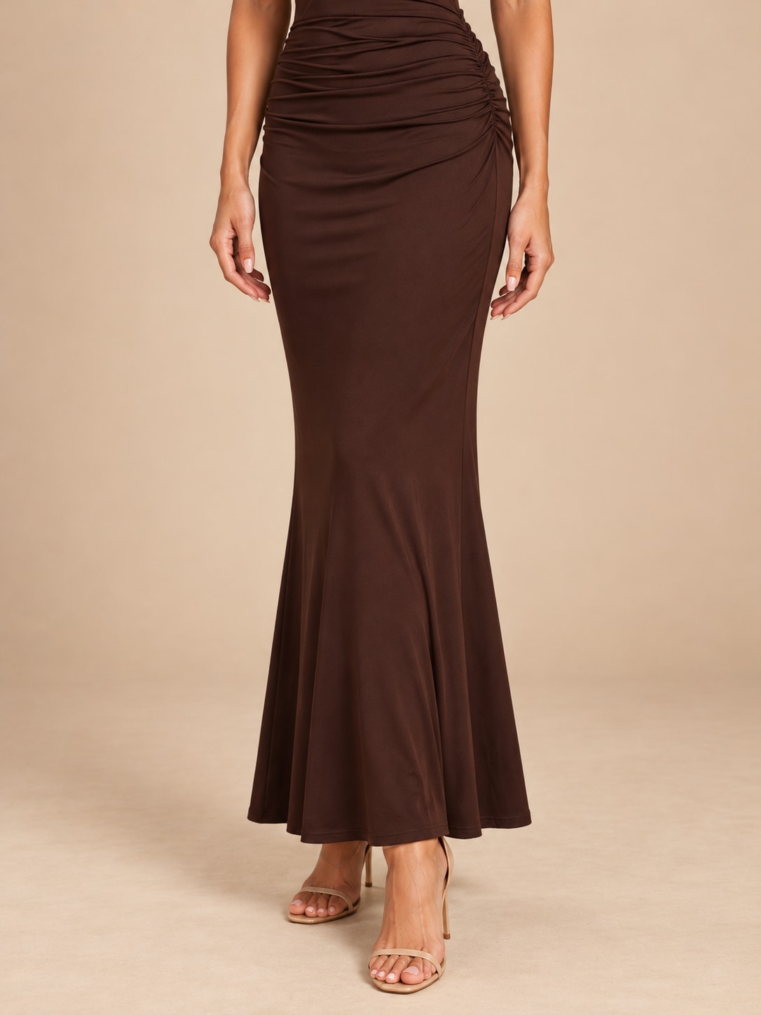 Brown One-Shoulder Ruched Maxi Dress for Evening & Party