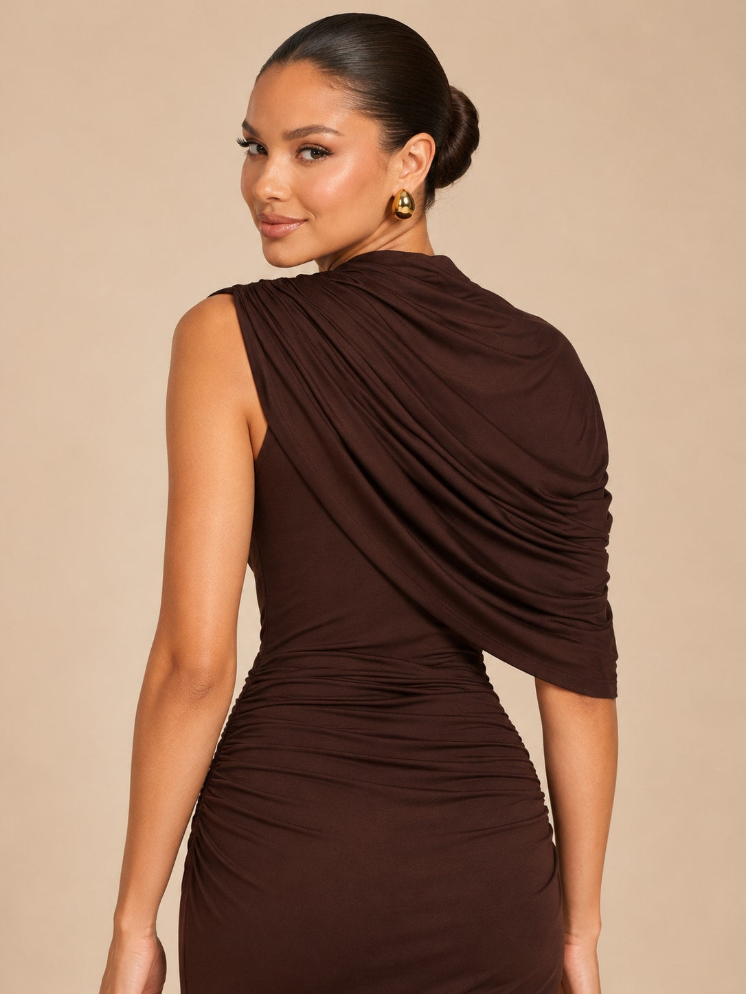 Brown One-Shoulder Ruched Maxi Dress for Evening & Party