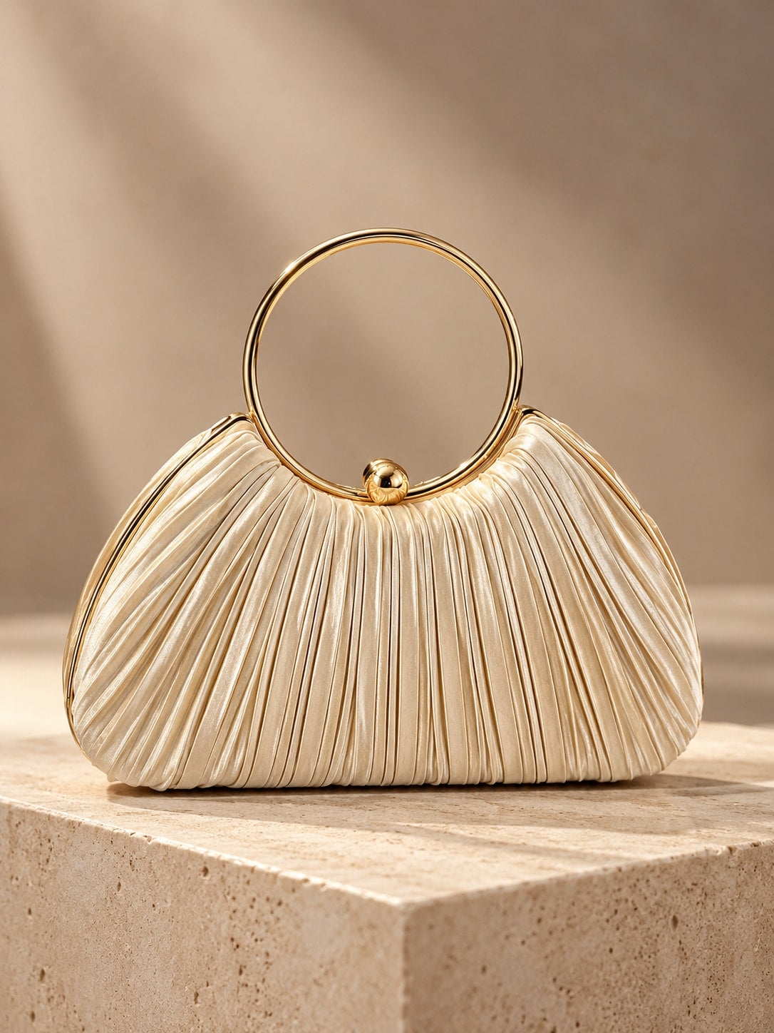 Champagne Elegant Pleated Satin Round Ring Handle Clutch