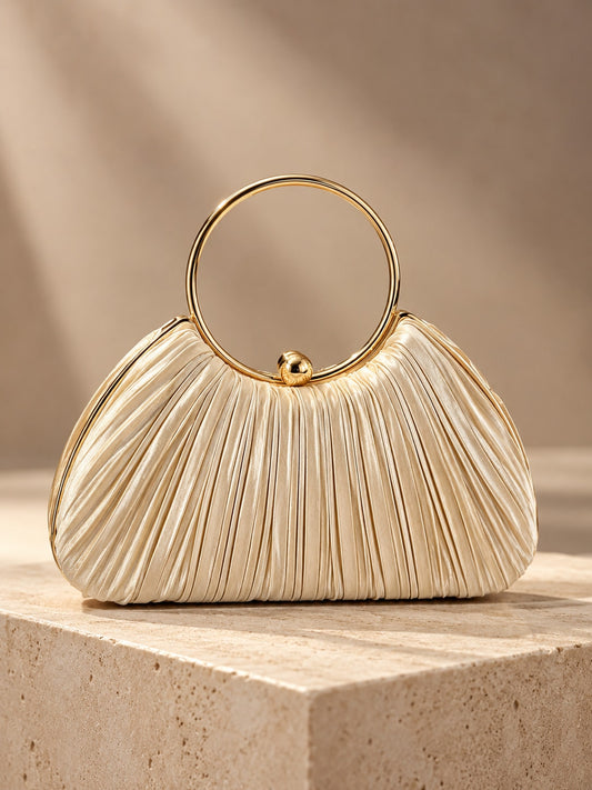 Champagne Elegant Pleated Satin Round Ring Handle Clutch
