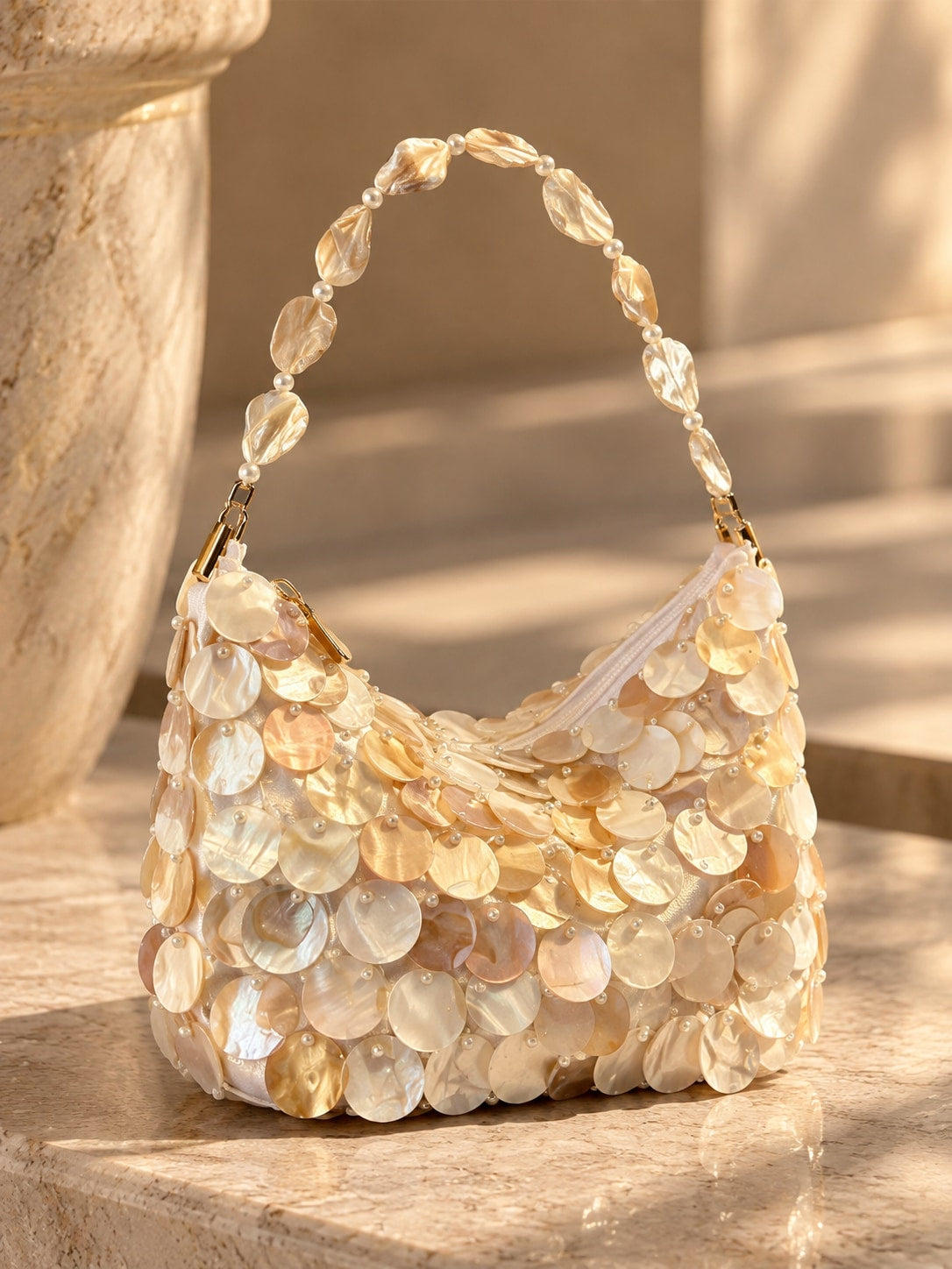 Champagne Iridescent Shell Disc Purse for Beach Wedding & Resort