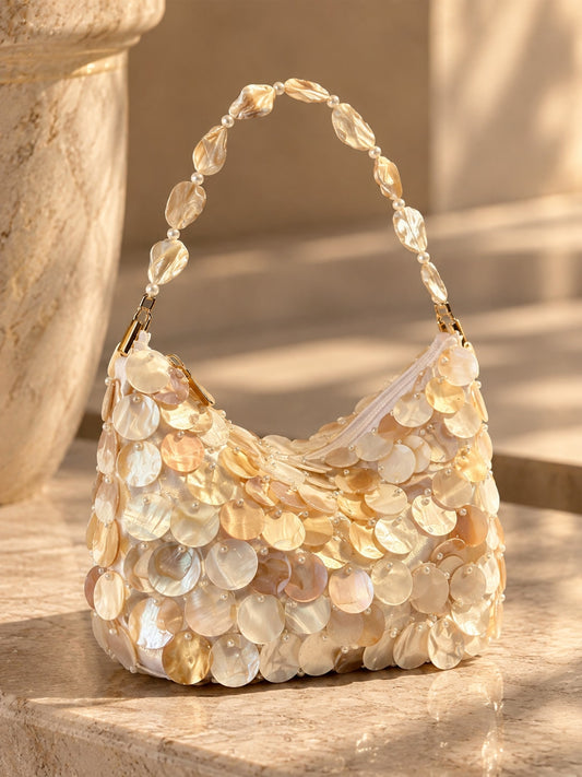 Champagne Iridescent Shell Disc Purse for Beach Wedding & Resort
