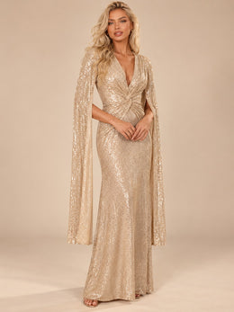 KoKodress Sequin Cape Sleeve Twist Gown for Gala & Wedding