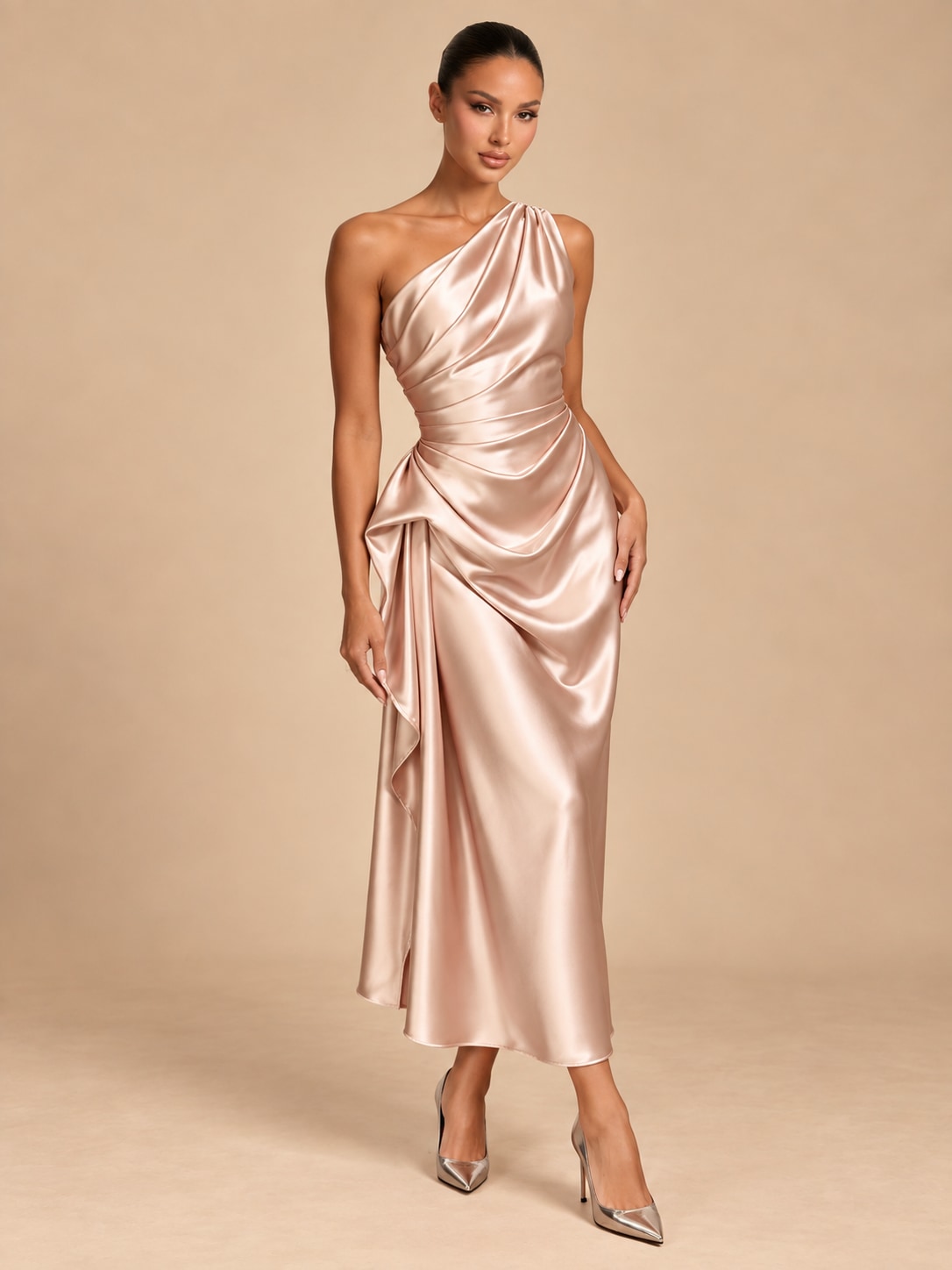 Champagne One-Shoulder Draped Satin Midi Dress for Weddings