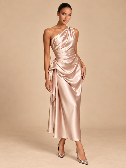 Champagne One-Shoulder Draped Satin Midi Dress for Weddings