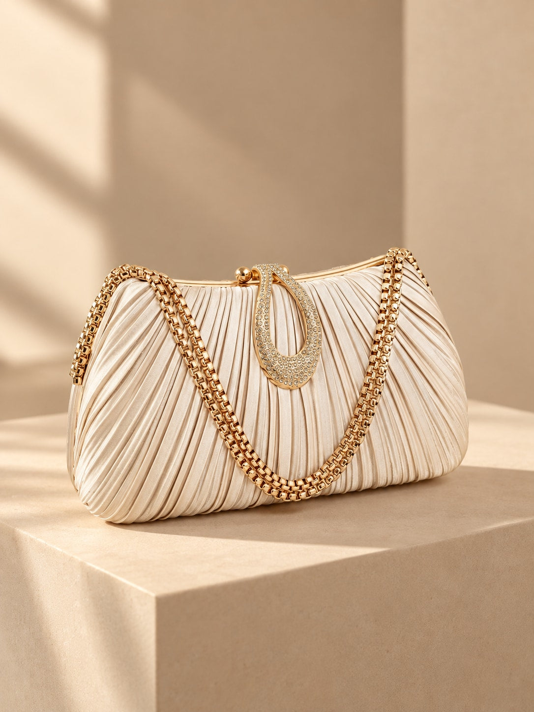 Champagne Elegant ruffled satin evening clutch bag