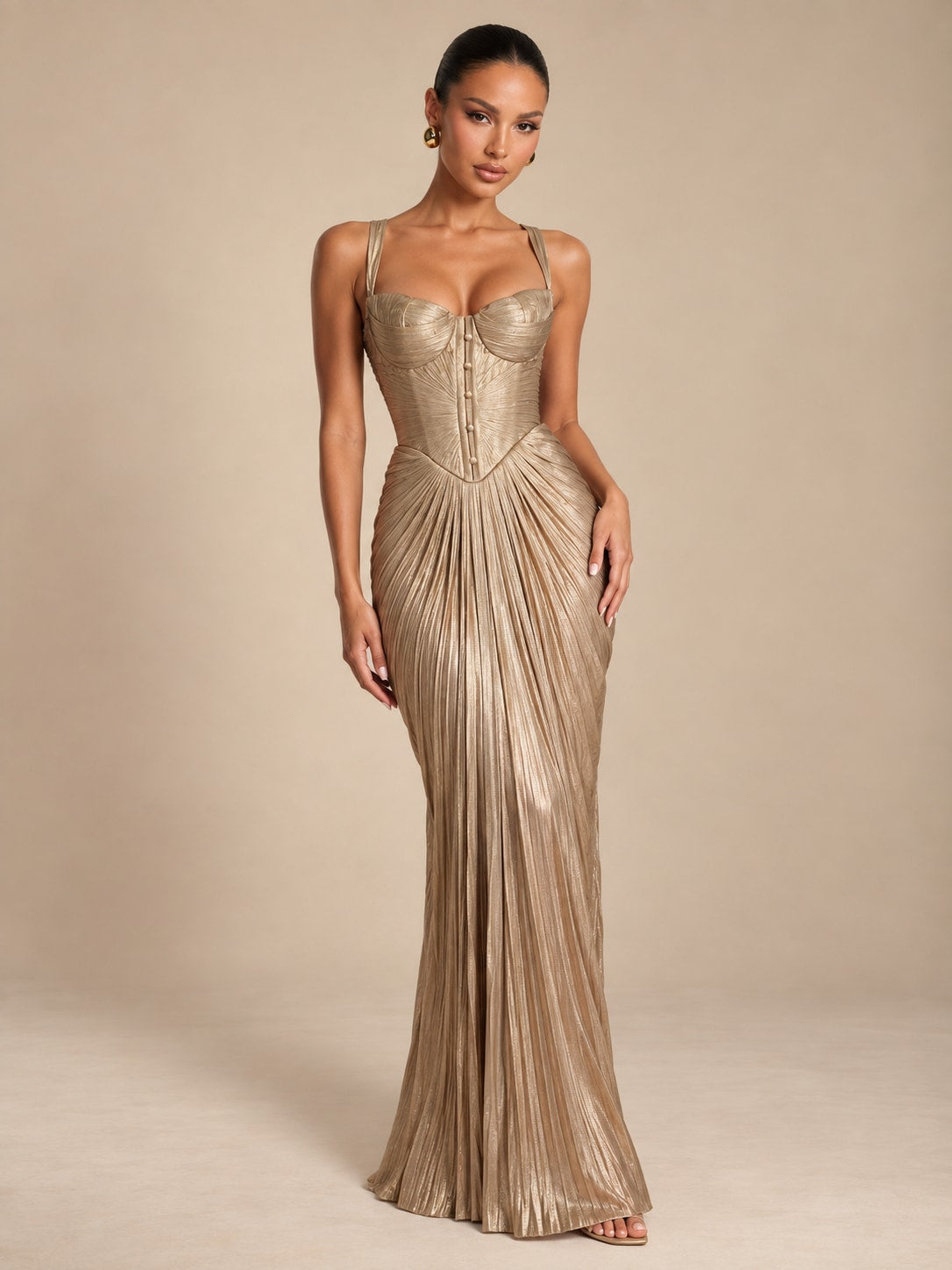 Champagne Pleated Corset Maxi Dress for Gala & Weddings