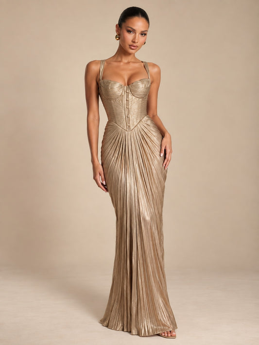 Champagne Pleated Corset Maxi Dress for Gala & Weddings