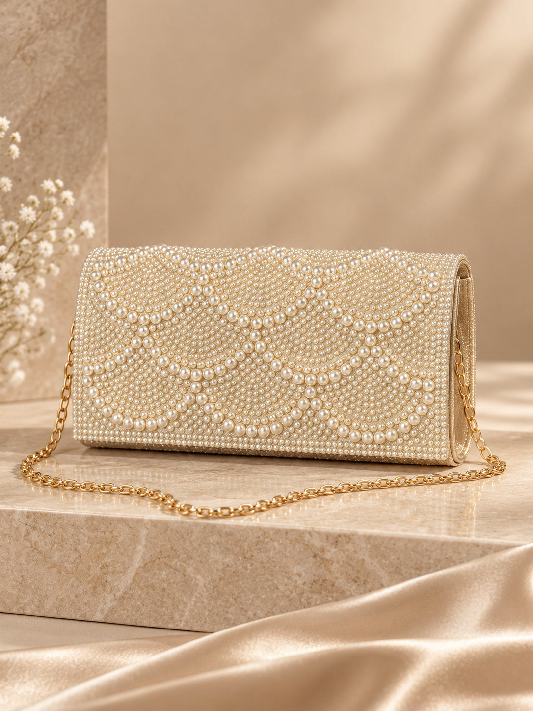 Champagne Elegant Pearl Beaded Evening Clutch with Chain