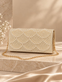 KoKodress Elegant Pearl Beaded Evening Clutch with Chain