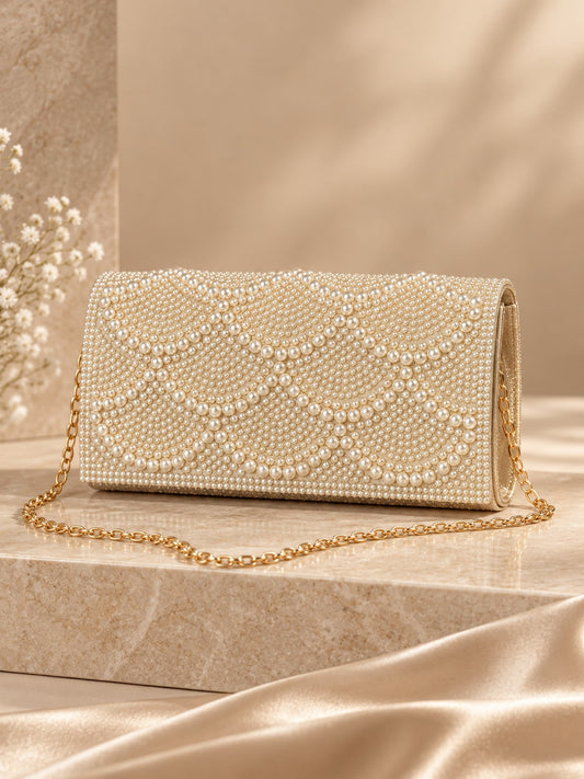 Champagne Elegant Pearl Beaded Evening Clutch with Chain
