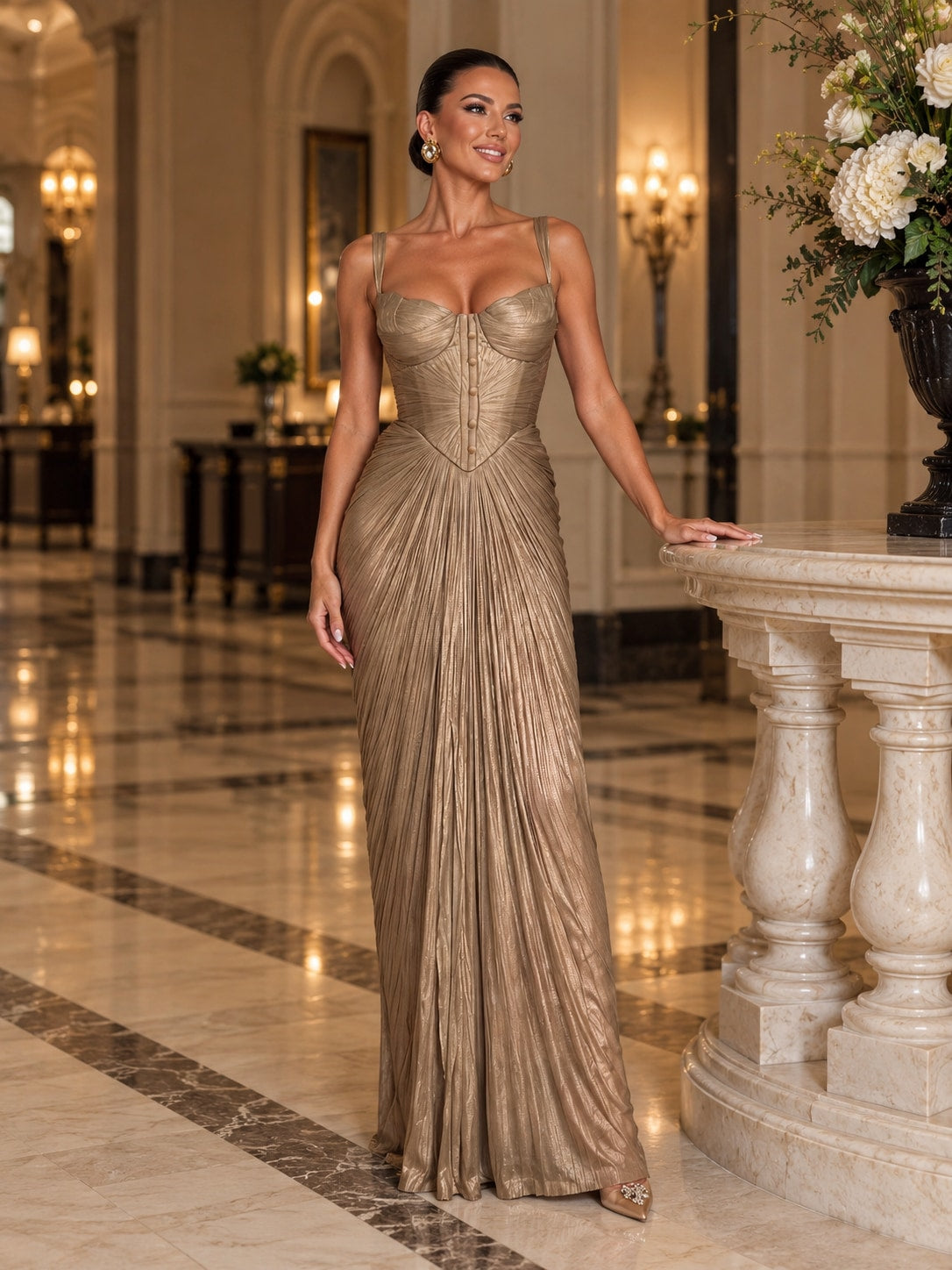 Champagne Pleated Corset Maxi Dress for Gala & Weddings